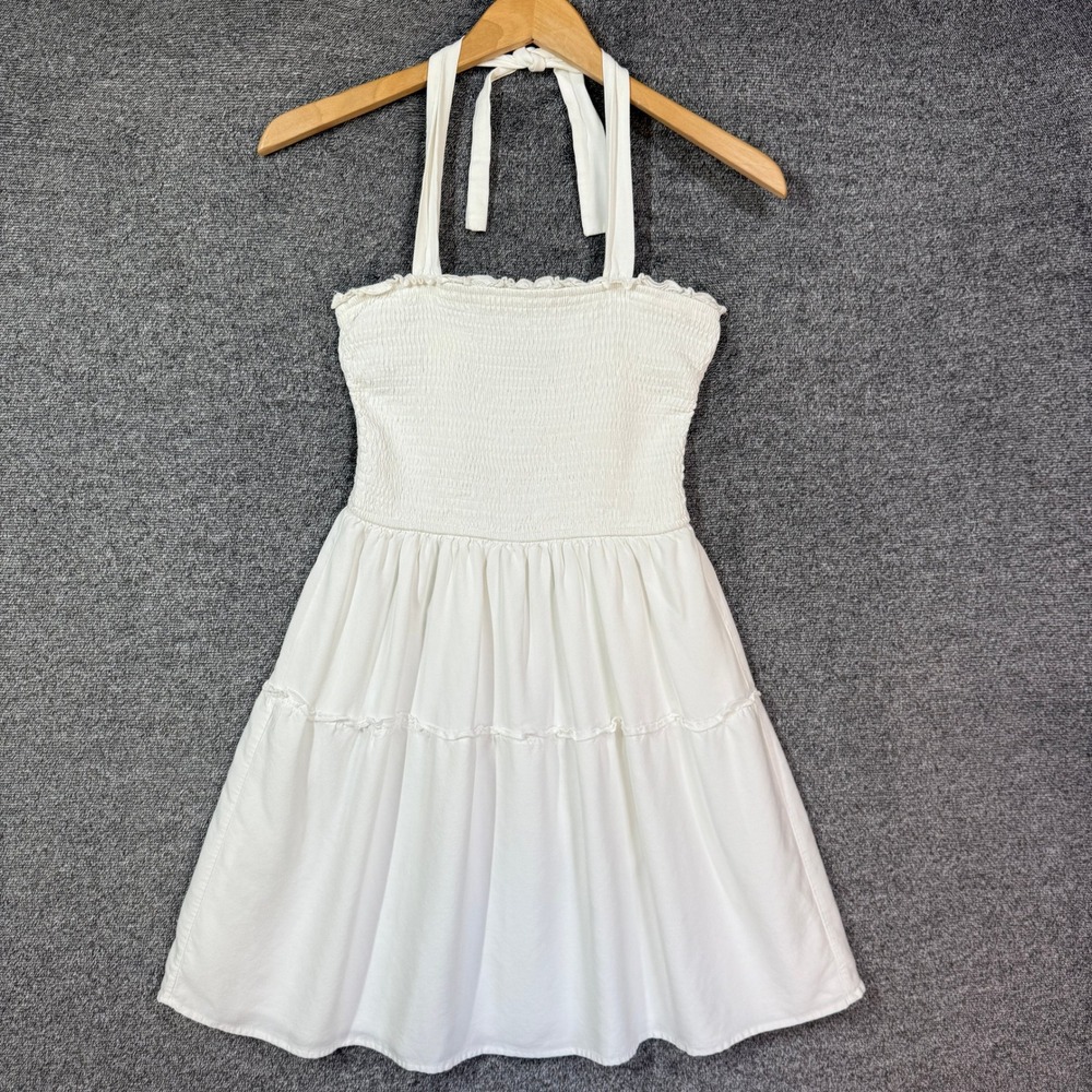 Zesica White Halter Mini Dress Smocked Tiered Ruffle Rayon Small